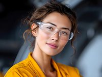 Young Asian woman scientist wearing protective eyewear and yellow lab coat smiles confidently in research facility, representing innovation and women in STEM fields.