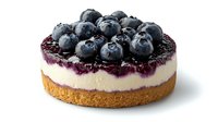 Fresh blueberry cheesecake with graham cracker crust, creamy vanilla filling, and whole berries on top against white background, isolated dessert for menu design.