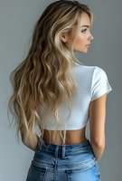 Young Caucasian woman with long wavy blonde hair in white crop top and blue jeans photographed from behind against grey background, profile view.