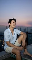 Young Asian man in casual light blue shirt and beige shorts sitting on rooftop ledge at sunset, gazing at cityscape skyline. Lifestyle portrait for travel, leisure, and urban living concepts.