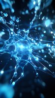 Glowing blue neuron with synaptic connections on dark background, neural network visualization showing electrical impulses and cellular communication pathways.