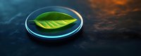 Green leaf resting on glowing circular glass platform with neon blue rim against dark textured surface, symbolizing eco-friendly technology and sustainable innovation for environmental design projects.