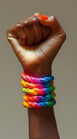 African American female fist raised with rainbow colored rope bracelets wrapped around wrist against neutral background, symbolizing unity, pride and strength.