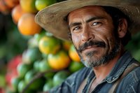 Weathered farmer with straw hat smiling against backdrop of ripening tomatoes in various stages of growth, showcasing agricultural pride and fresh produce.