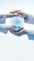 Two hands holding glowing neon heart with leaf symbol, representing eco-friendly care, sustainability, environmental protection, and green business initiatives for corporate wellness campaigns.