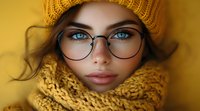 Young woman with striking blue eyes wearing round glasses, yellow knit beanie and cozy scarf against warm golden background. Close up portrait capturing natural beauty.