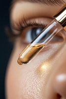 Close-up of glass dropper with golden serum above glowing skin, long eyelashes and blue eye in background. Luxury cosmetic and skincare concept.