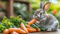 Adorable gray and white bunny rabbit eating fresh orange carrot near pile of organic vegetables in garden setting with natural bokeh background.