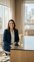 Professional businesswoman in navy suit smiling confidently at modern office desk with laptop and city view windows for corporate presentations.