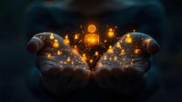 Glowing orange spirit figures floating above cupped hands in dark mystical setting, magical energy particles and light effects create ethereal atmosphere.