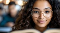 Young mixed-race woman with curly hair and glasses reading book in cozy cafe with warm bokeh lights creating intimate studying atmosphere for education content.