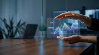 Businessman hands protecting holographic financial growth chart with upward trending data analytics in modern office environment for investment presentations.