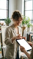 Young woman with dark hair in casual updo, wearing beige linen blazer, smiling while holding tablet with blank screen in bright office with plants and windows.