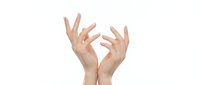 Female hands with manicured nails making expressive gestures on white background, isolated for design use in beauty and skincare concepts.