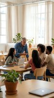 Mature male manager leading diverse team meeting in bright modern office with natural light, potted plants, and wooden furniture for corporate training and business collaboration.