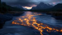 Dramatic sunset reflection creates glowing golden patterns on dark mountain lake surface, with snow-capped peaks and stormy clouds in wilderness landscape.