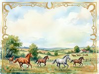 Watercolor horses running freely in a green countryside landscape, framed by an elegant golden border with copy space for text.
