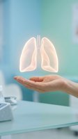 Human hand protecting glowing lung anatomy hologram in medical environment representing respiratory health care and pulmonary protection concepts.