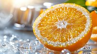 Fresh juicy orange half with water drops and ice cubes on blurred background, macro shot showing detailed pulp texture and citrus segments.