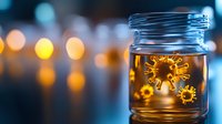 Glass jar with glowing virus cell structure against blurred bokeh lights background, creating scientific medical concept in amber and blue tones.