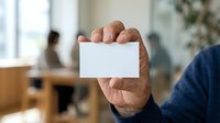 Close-up of mature man's hand holding blank white business card in modern office environment with colleagues working in background.