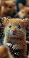 Close-up portrait of an adorable ginger hamster with bright eyes and whiskers looking directly at camera, showing curious expression against blurred background.