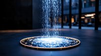 Glowing circular water fountain with cascading streams creating magical light effects against dark background, modern architectural design element.
