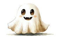 Cute cartoon ghost with big brown eyes and fangs smiling cheerfully, watercolor style illustration for Halloween designs and children's content.