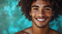 Young mixed-race man with curly hair smiling broadly showing white teeth against turquoise blue background. Happy positive male portrait for lifestyle content.
