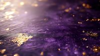 Magical purple and gold abstract background with glowing particles and bokeh effect. Luxurious dark textured surface with scattered golden sparkles and dreamy blurred lights.
