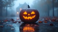 Glowing jack-o-lantern pumpkin with carved face sits on wet pavement surrounded by autumn leaves in misty evening atmosphere for Halloween celebrations.