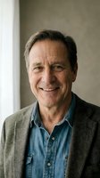 Mature Caucasian businessman in casual blazer and denim shirt smiling confidently in modern office setting for professional corporate headshot photography.