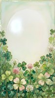 Watercolor clover and shamrock border frame with pink flowers and oval copy space, soft green tones for St. Patricks Day cards and spring designs.