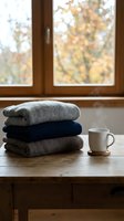 Stacked knit sweaters in neutral tones with ceramic mug on wooden table by window with autumn foliage view, cozy home interior styling.