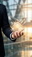Businessman holding glowing house icon with percentage symbols and upward arrows showing real estate market growth and property investment returns.