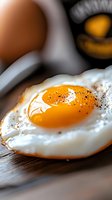 Close-up macro shot of sunny side up fried egg with bright orange yolk and crispy white edges, seasoned with black pepper on wooden surface. Perfect for food blogs.
