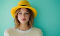 Young woman wearing yellow straw hat and cream knit sweater against turquoise background, natural makeup and wavy blonde hair creating fresh summer portrait.