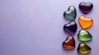 Colorful glass heart shapes arranged on purple background with copy space, romantic minimal composition for valentines day cards and love messages.