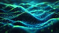 Abstract digital waves with glowing particles in blue and green colors creating dynamic flowing motion effect on dark background for technology presentations.