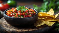 Fresh homemade pico de gallo salsa with diced tomatoes, onions, cilantro, and jalapeno peppers served in dark bowl with corn tortilla chips on wooden board.