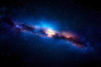 Vibrant cosmic nebula with glowing blue and golden light illuminating dark space, stars scattered across vast galaxy formation, dramatic celestial panorama.
