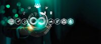 Business professional hand presenting digital technology icons with infinity symbol representing endless possibilities and innovation in modern workplace.