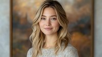 Young Caucasian woman with blonde wavy hair and natural makeup wearing light gray sweater smiles warmly against blurred autumn background. Professional portrait style lighting.