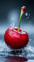 Fresh red cherry with water droplets and splash creating dynamic motion on dark background for culinary and healthy eating concepts.