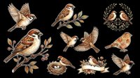 Vintage sparrow and songbird illustrations isolated on transparent background, ready for t-shirt design, clipart, stickers, sublimation and print-on-demand projects.