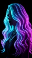 Young woman with vibrant neon blue and purple gradient hair in profile view against black background for digital art and fashion design projects.