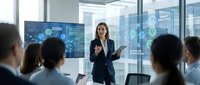Professional businesswoman presenting data analytics to corporate team in modern conference room with digital dashboard and city skyline background.