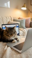 Tabby cat sitting on laptop computer in cozy bedroom with warm lighting and colorful pillows creating comfortable work from home atmosphere.