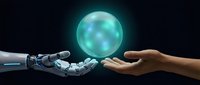 Robotic hand and human hand exchanging glowing turquoise sphere against dark background, representing artificial intelligence collaboration, technology transfer, and human-machine partnership for business and innovation concepts.