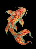 Ornate koi fish with red, gold, and teal scales, isolated on transparent background. Ready for t-shirt design, stickers, sublimation, and print on demand.